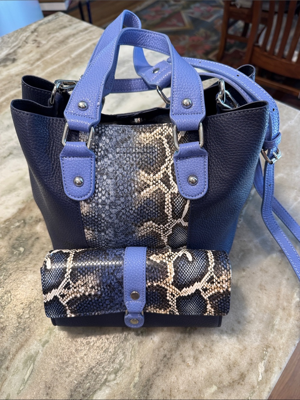 Blue Snake Women's Purse with Matching Wallet and Removable Crossbody Strap
